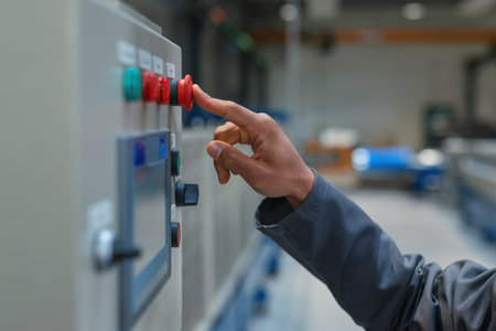 Engineer with a blue helmet and safety goggles, operating a control panel, controlling and automating industrial processes.の写真素材
