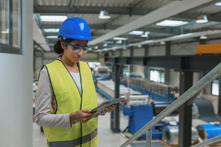 Indian woman in a blue helmet and yellow vest, worker in an industrial unit checking a work process,...