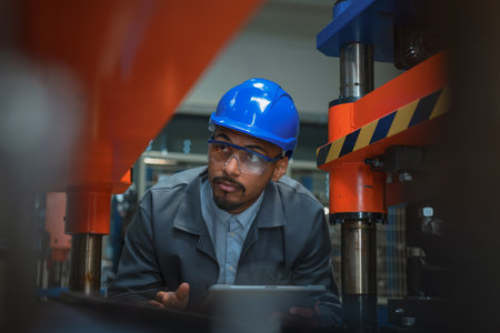 Engineer, with a blue helmet and safety glasses, checking manufacturing machinery, regulating the...