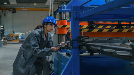 Indian woman industrial engineer, with a blue helmet and safety goggles, during a factory machinery check, close up shot. Maintenance concept.の写真素材