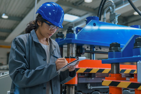 Indian woman engineer working in a production line, examining automated machinery work and writing down a planning checklist.の写真素材