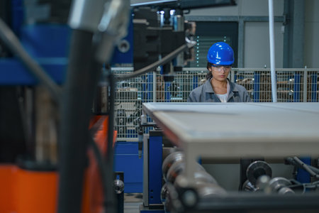 Indian woman engineer with a blue helmet and safety goggles, operating a control panel, controlling...