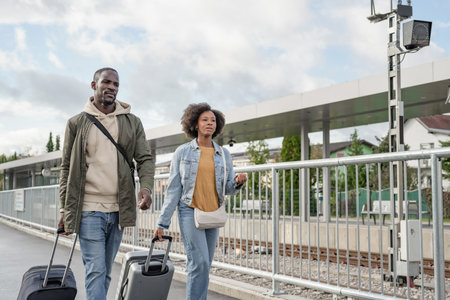 Man and woman pulling their suitcases with rollers along a railway station platform.の写真素材