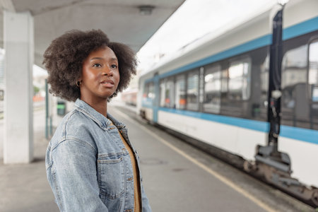African American woman waiting for a train on a railway station platform. Solo traveling lifestyles concept.の写真素材