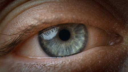 Beautiful eye looking into camera, extreme macro close-up view. Perspective, perception, and eyesight concepts.の写真素材