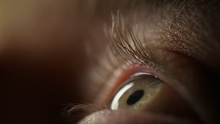 Beautiful blue eye looking into camera, extreme macro close-up view. Perspective, perception, and eyesight concepts.の写真素材