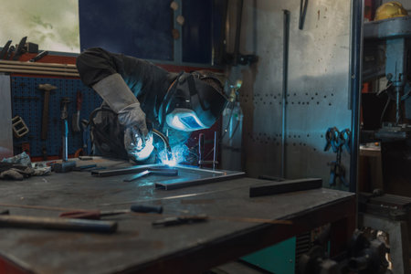 MIG welder wearing welding personal protective equipment and clothing and working in a workshop....