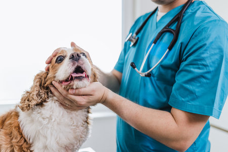Cute calm dog sitting at vet clinic