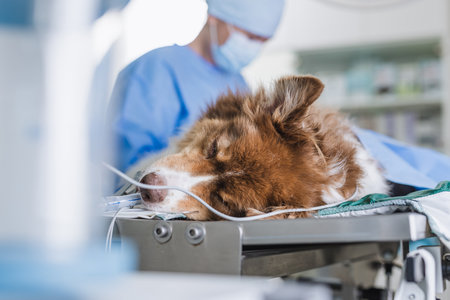Female vet stitching the dog under anesthesia after operating procedure in an animal clinic. Veterinary surgery concept.の写真素材