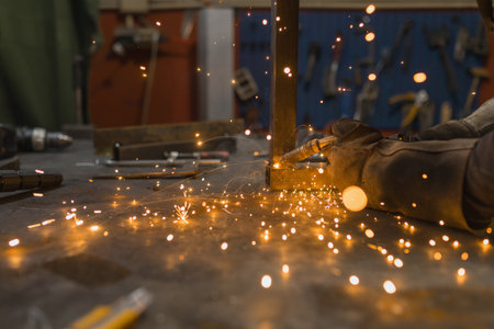 Male welder in protective gear working with metal using a welding machine producing bright sparks,...
