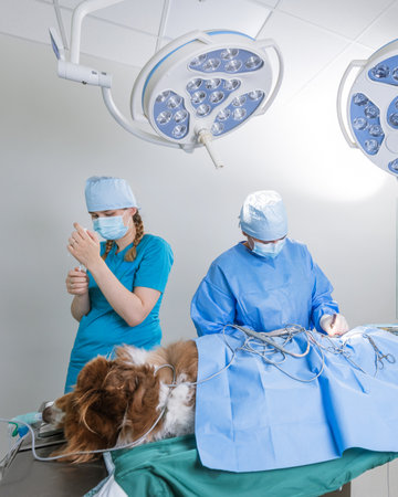 Female vet stitching the dog under anesthesia after operating procedure in an animal clinic. Veterinary surgery concept.の写真素材