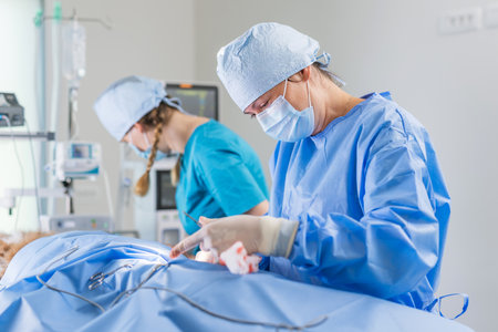 Two veterinary professionals preparing dog on the operating table for surgery. Vet clinic and animal healthcare concept.の写真素材