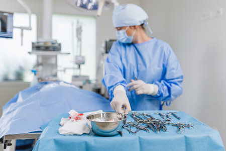 Female veterinarian performing surgery on a patient animal, stitching wound after the successful tumor removal.の写真素材