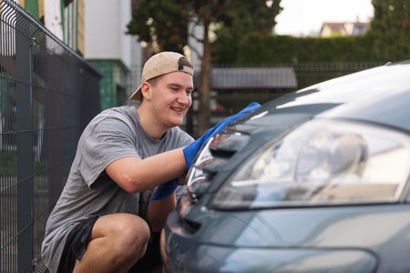 Young man cleaning his car outdoors at homeの写真素材