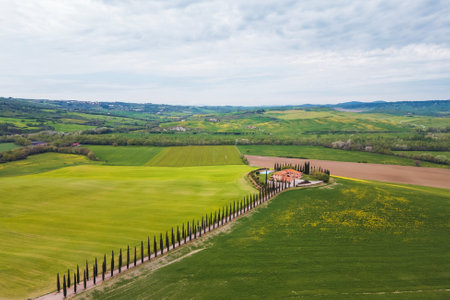 Rolling green hills stretch across Tuscany, Italy, showcasing vibrant fields and a charming villa nestled among tall cypress trees. Spring brings lively colors to the countryside landscape.の写真素材