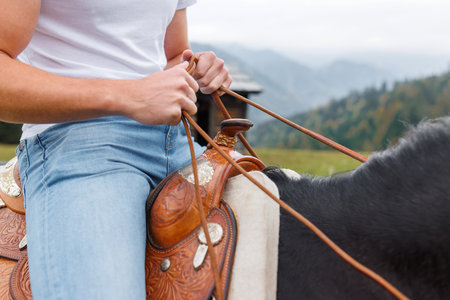 A person wearing jeans and a white shirt holds the reins while riding a horse with a saddle. Mountains and trees are in the background.の写真素材