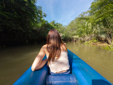 Rear view of a woman in a blue canoe navigating a waterway through lush Thai jungle with dense vegetation and tangled tree roots.の写真素材