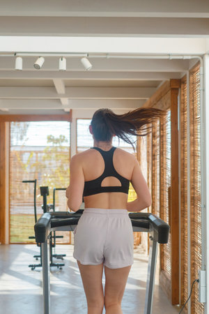 A woman exercises on a treadmill in a bright gym with natural light streaming in, emphasizing her...