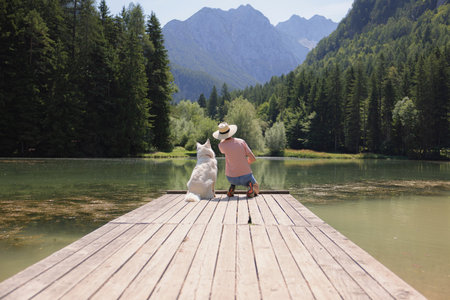 A person and a dog enjoy a peaceful moment on a dock by a tranquil lake surrounded by lush mountains and trees under bright sunlight.の写真素材