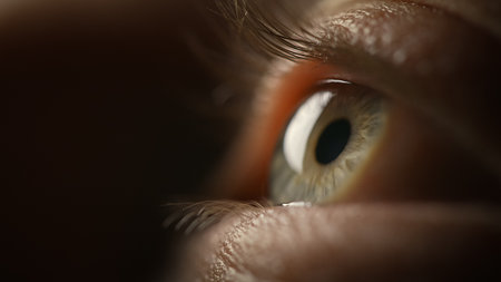 Beautiful blue eye, extreme macro close-up view. Perspective, perception, and eyesight concepts.の写真素材