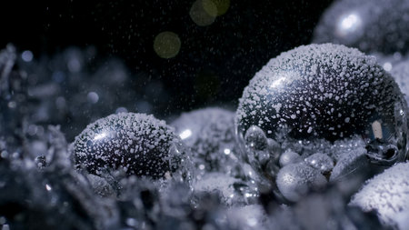 Bubbles of various sizes are covered with tiny droplets while shimmering in a dimly lit environment.