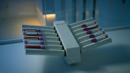 A blood collection of multiple tubes on a roller tube mixer.