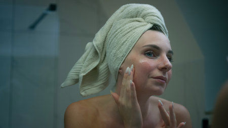A woman applying moisturizer to her face in a modern bathroom while wrapped in a towel, promoting...