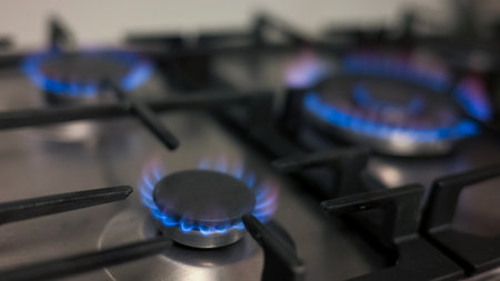 Burners lit in a gas kitchen stove, burning with blue flames, ready for cooking, close up shot....