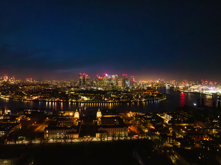 London illuminated skyline at night, aerial drone view.の写真素材
