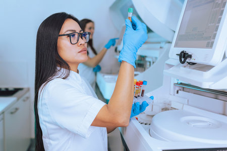 Female laboratory researcher holding blood test tubes and adjusting an automatic biochemistry...