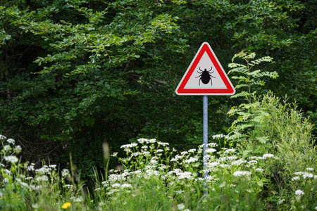 Tick parasite warning sign at a forest entrance. Risk, danger, and Lyme disease concept.