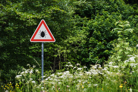 Tick Infected forest with danger sign. Risk of tick-borne and lyme disease.の写真素材