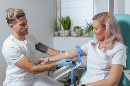 A nurse places a tourniquet on a patient arm before taking blood in a clean, well-lit clinic setting.の写真素材