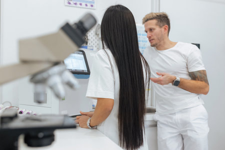 Two research assistants, female and male prepare samples for analysis in a clinical laboratory. Medical lab scientist concept.の写真素材