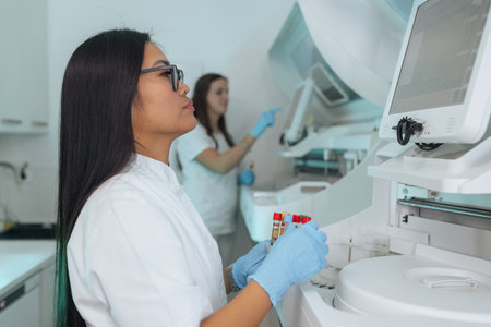 Two female medical laboratory professionals working on blood chemistry analyzers, highly specialized testing and monitoring machines.の写真素材