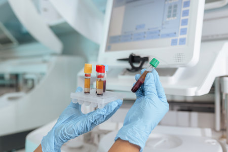 Female laboratory technologist putting test tubes with blood samples in a biochemistry centrifuge analyzer. Science and medicine concept.の写真素材