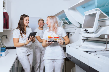 Three laboratory professionals collaborate in a bright lab, handling samples and using technology...