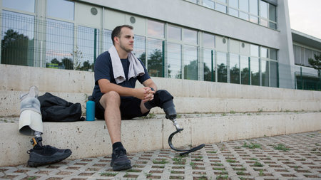 Individual resting on steps with a prosthetic leg, while enjoying the view at a recreational area on a sunny day.の写真素材