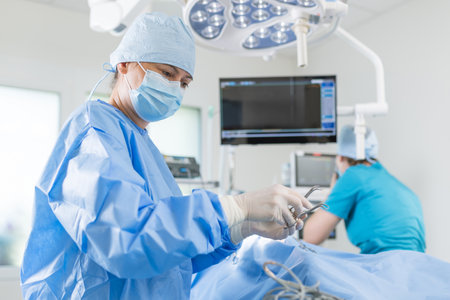 Surgeon in blue scrubs and mask focuses on a procedure while a nurse assists in a well-lit surgical room.の写真素材