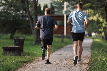 Two male friends jog on a nature path, enjoying the fresh air and each others company while staying...