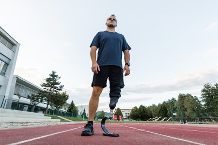 Man with a disability running on the athletic track wearing a prosthetic leg, blade with a heel...