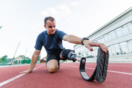 A determined athlete with disability and prosthetic leg practices on an outdoor running track, focusing on his training routine.の写真素材
