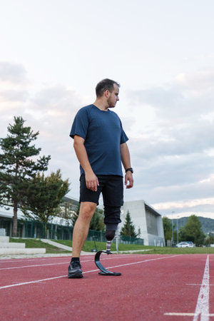 Male athlete running safely and confidently using a transtibial prosthesis with a sports blade and...