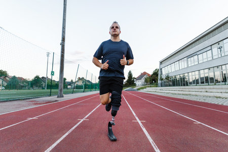 Male athlete running safely and confidently using a transtibial prosthesis with a sports blade and...