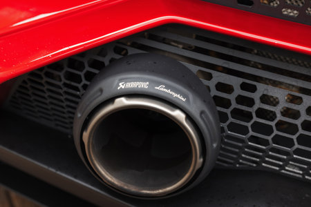 Slovenia, Ljubljana - 9 October 2025: Lamborghini Huracan STO shows an Akrapovic exhaust detailのeditorial素材