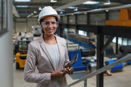 Young Indian woman, a successful metalworking factory manager writing notes after production inspection, smiling portrait shot.の写真素材