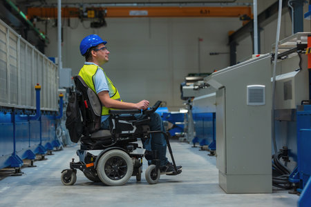 Man with disability on wheelchair working in modern industrial factory on a production line.の写真素材
