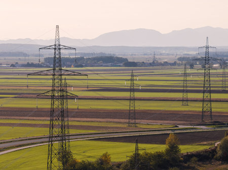Power lines and towers are visible in a rural area as the sun sets in the background, highlighting...