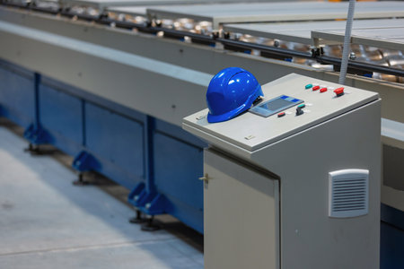 Automated production line operates in a manufacturing plant with industrial machinery and control...