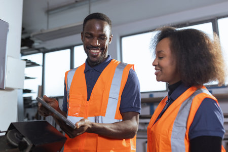 Workers in an industrial plant, a senior employee holding a digital tablet, explaining to a new...